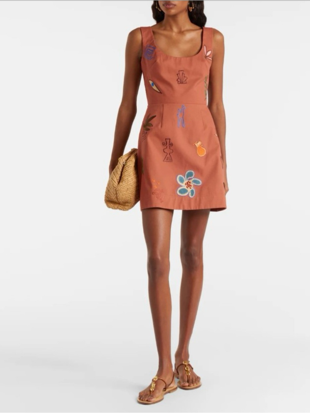 NWOT Alemais Rust Embroidered Scoop-Neck Mini Dress, Retail $550
